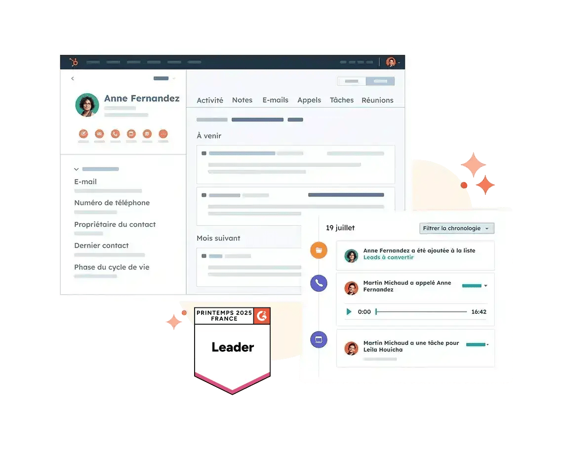 HubSpot CRM gratuit : exemple de fiche d'informations d'un contact ainsi que l'activité et les interactions du contact avec l'entreprise