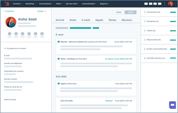 Fiche d'informations d'un contact qui affiche la chronologie des activités, les détails des contacts, les options d'appel