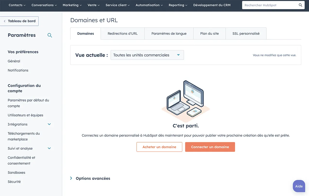 Interface HubSpot montrant comment acheter ou connecter un domaine de site web